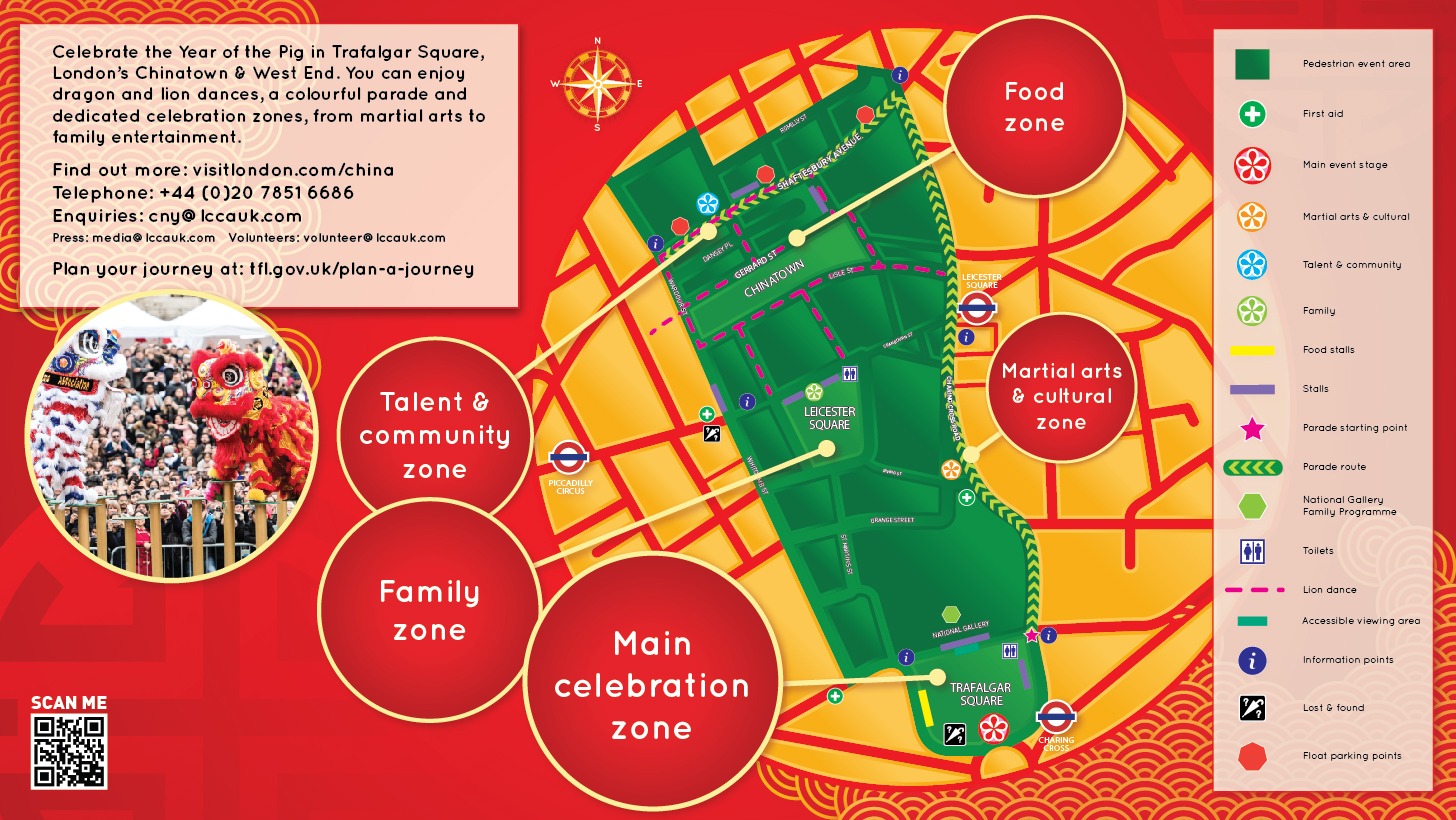 Event map for Chinese New Year in London: find a main stage in Trafalgar Square, route for the colourful Chinese New Year Parade, traditional food in Chinatown and dedicated celebration zones across the West End. 