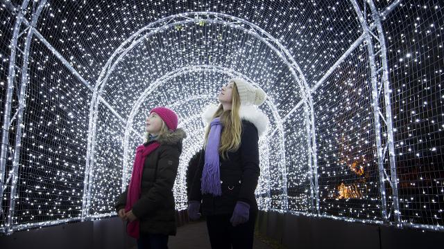 Deux jeunes filles regardent vers le haut alors qu'elles traversent un tunnel de lumières blanches à Noël à Kew.