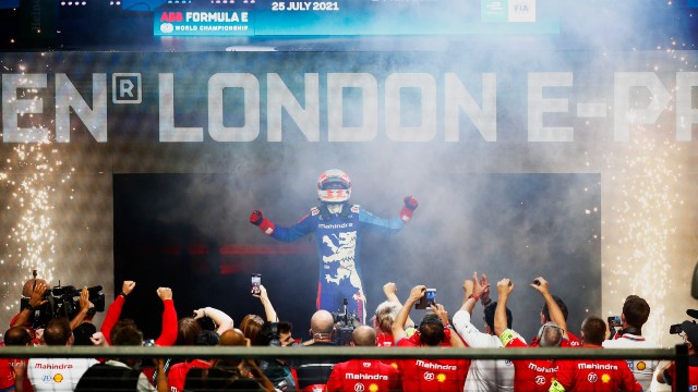 Driver celebrates win in front of fans at Formula-E London 2021. Image courtesy of Formula E.