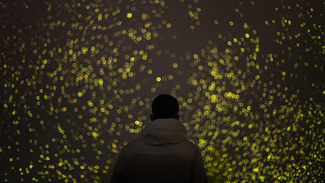 Man looking at an art installation with a dark background and glowing dots at Greenwich+Docklands International Festival in London.