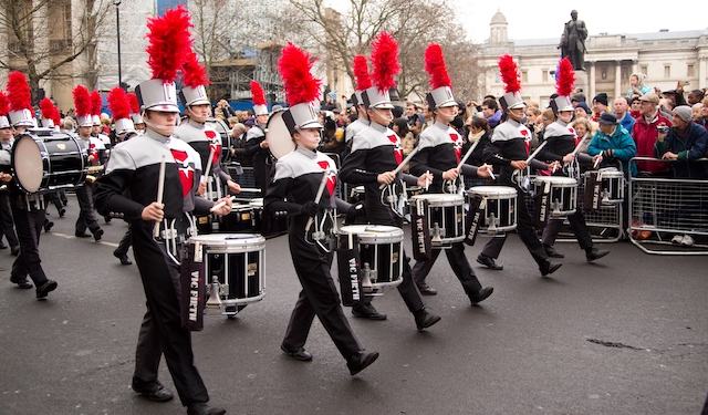 A marching band walks on the streets of London during the annual New Year's Day Parade.