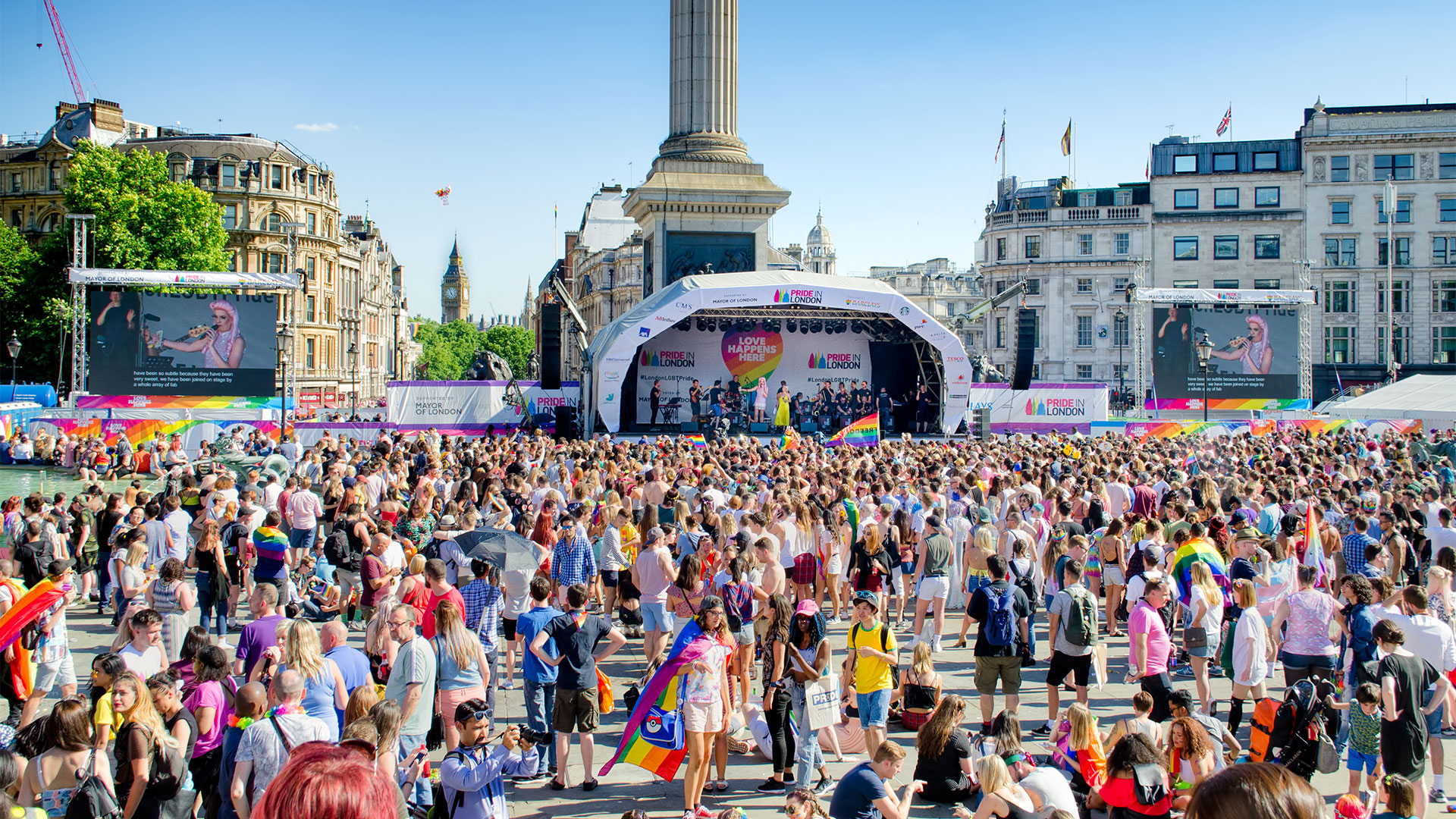 Crowds gather in front of the Trafalgar Square stage during Pride in London 2017.