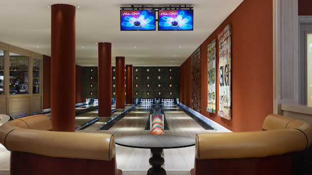 Two private bowling lanes at Croc Bowling Alley at Ham Yard Hotel in London.