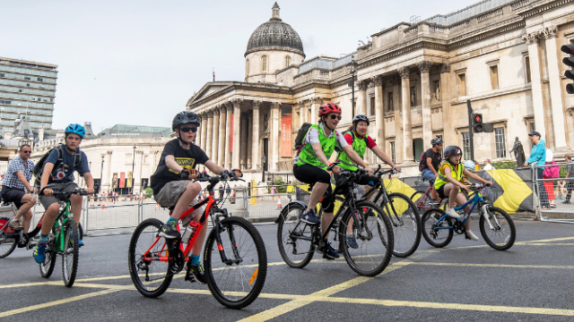 Image of a group of cyclists riding past the National Gallery at RideLondon Event 2019.