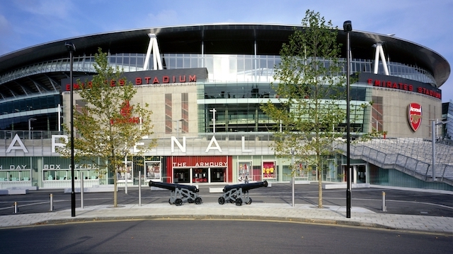 Front of Emirates Stadium, home of Arsenal football club, in London on a sunny day.
