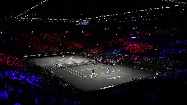 A doubles match takes place between Team World in red and Team Europe in blue as part of the Laver Cup 2019 in Geneva.