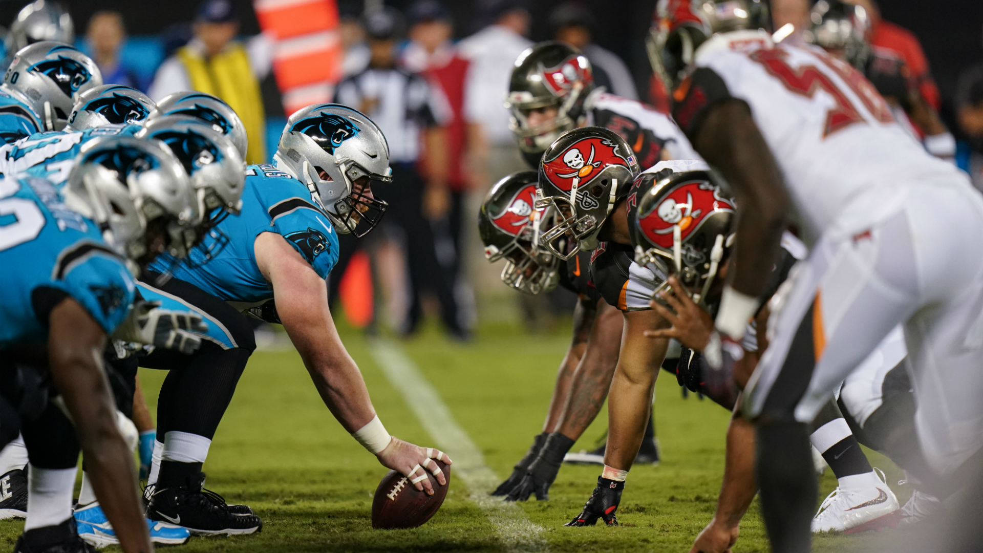 The Carolina Panthers come face to face with the Tampa Bay Buccaneers during an NFL game. Image courtesy of NFL UK and Dave Shopland.