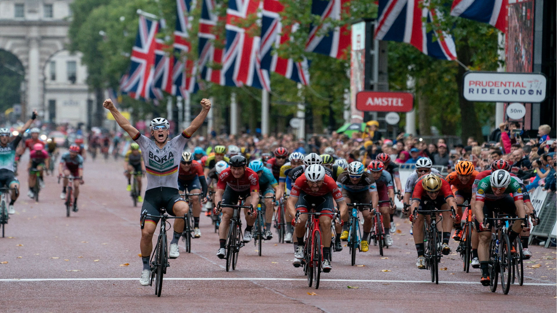 Cyclist celebrating at the Prudential RideLondon Classic. Image courtesy of RideLondon.