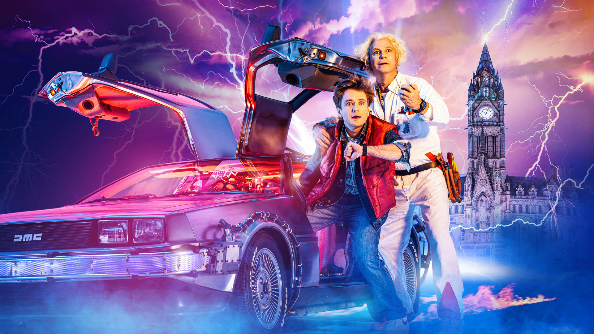 Marty McFly and Doc Brown stand next to their time-travelling DeLorean car as lightning flashes around them.