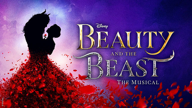 A silhouette of belle and the beast surrounded by red rose petals in front of a purple background