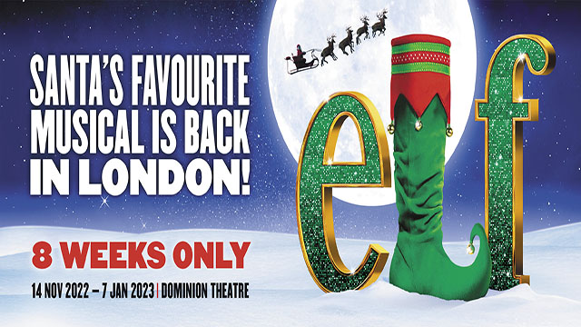 ELF The Musical official poster. A snowy landscape with Santa and his reindeers are flying over with the full moon on the background.