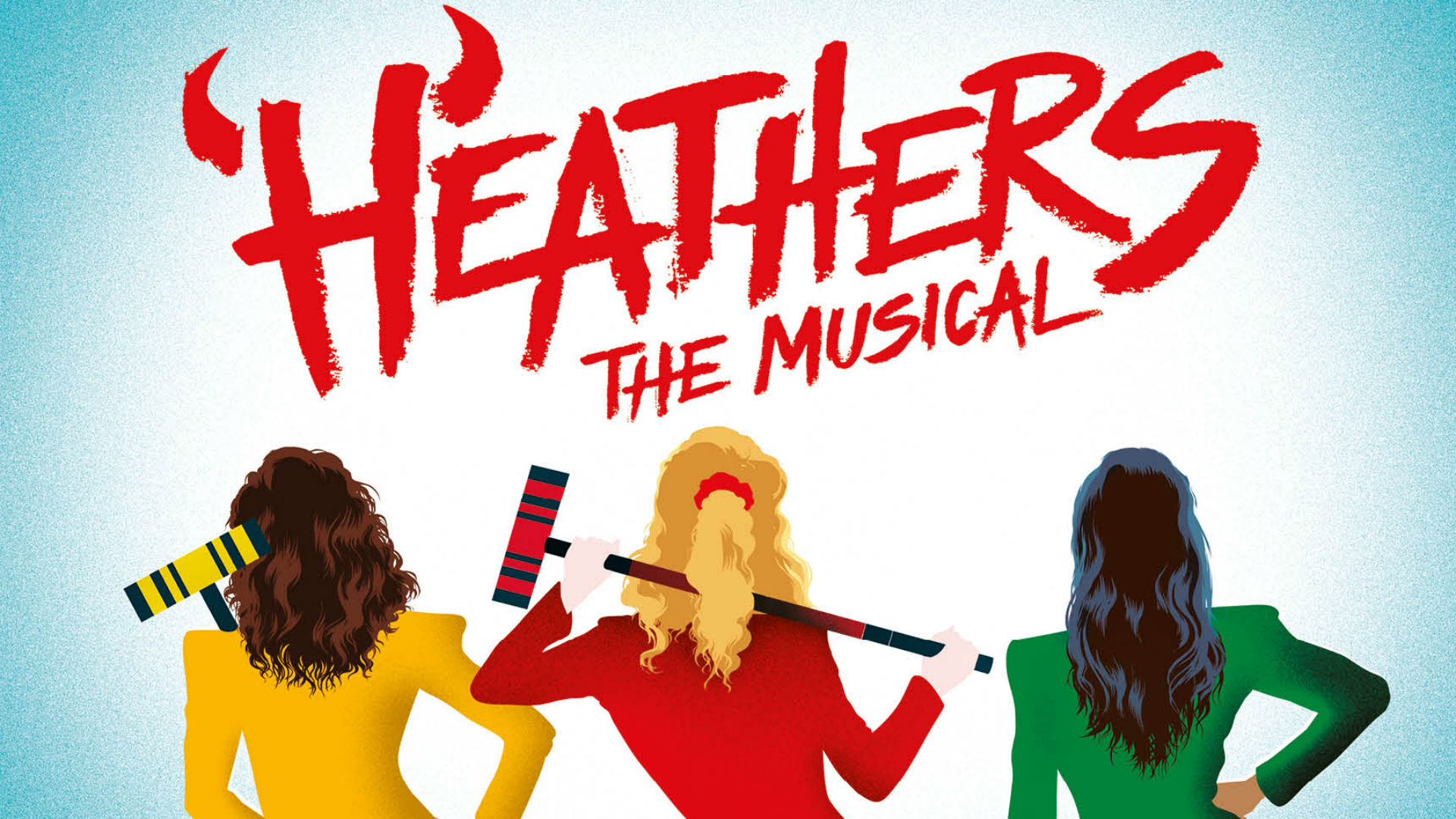 Heathers The Musical, written in red, above the back view of three women wearing blazers and holding croquet mallets.