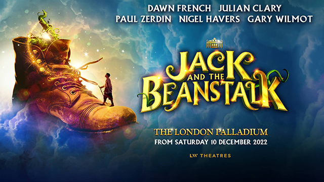 Official poster of Jack and the Beanstalk, a Christmas show at the London Palladium. A boy seems to be climbing on a giant shoe from which we can see a magic bean growing.