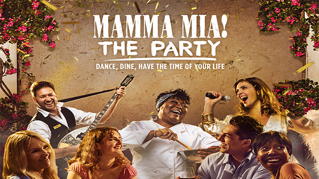 Das Plakat der Show Mamma Mia! Die Party - die Hauptfiguren tanzen und musizieren.