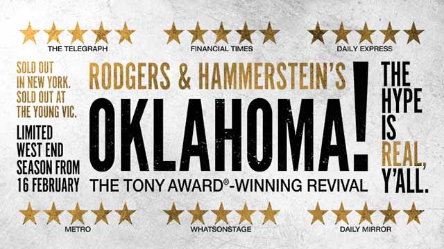 Official poster of the London production of Oklahoma! with reviews of the main newspapers in gold letters.