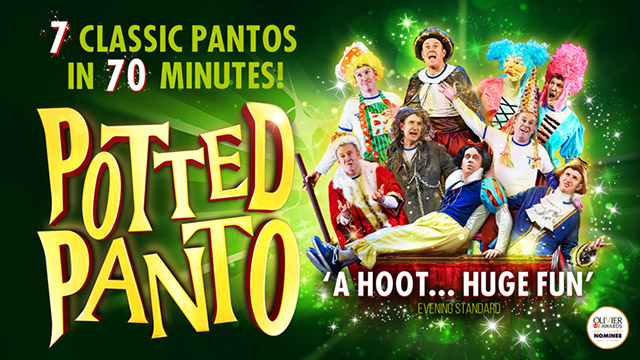 Official poster of Potted Panto with a selection of characters from Snow White and other characters wearing colourful outfits.