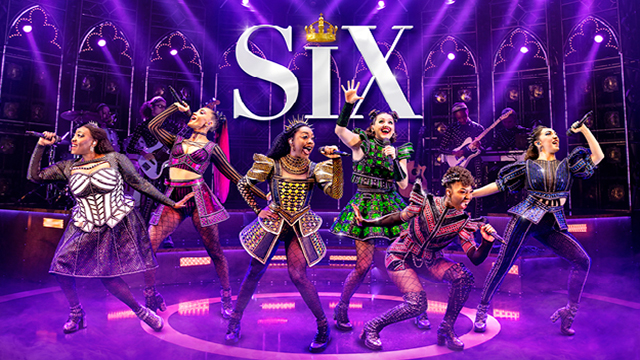 Official poster of Six the Musical portraying the six Tudor Queens with colourful outfits singing on stage.