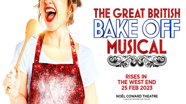 Official poster for The Great British Bake-Off Musical shows a woman wearing a red sequin apron singing and using a wooden spatula as a mic.