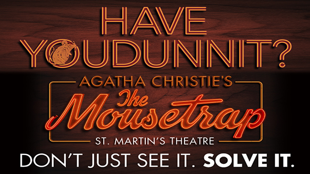 Official poster of the murder mystery play The Mousetrap featuring the name of the author, Agatha Christie, and the name of the play as a red neon sign.