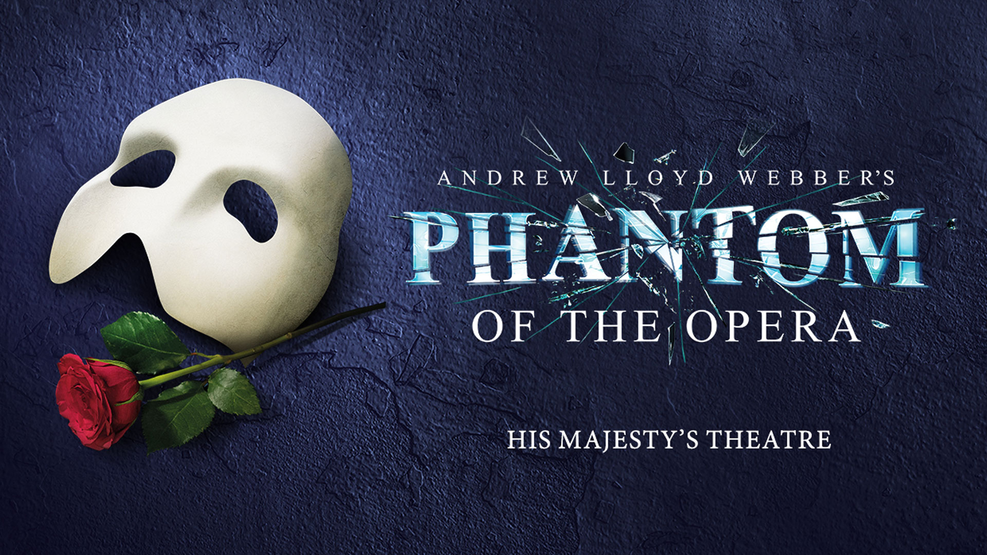 Poster for the Pahtom of the Opera musical. A rose lies next to a white mask.