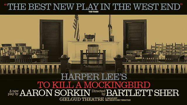 Official poster showing a courtroom in monochrome colours witha pragraph at the bottom stating the name of the play, To Kill a Mockingbirdalong with author Harper Lee and stage directors.