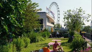 People relaxing in the QEH Roof Gardens. Photo: Arnaud Mbaki. Image courtesy of Southbank Centre.