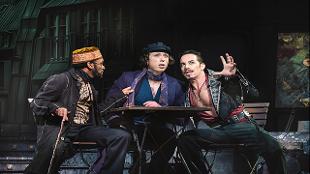 Christian, Toulouse-Lautrec and Santiago devise on some new song during a scene on the musical Moulin Rouge at the Picadilly Theatre. Image courtesy of Dewynters.