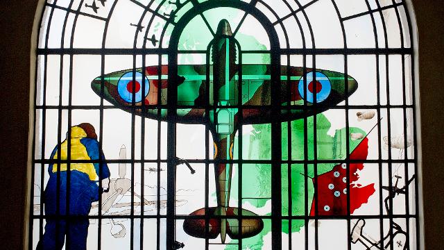 Stained-glass window at Bentley Priory Museum. Image courtesy of Bentley Priory Museum.