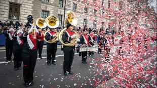 Dulaney High School Lions Roar Marching Band performs in the 2020 London New Years Day Parade. Copyright: London New Years Day Parade. Image courtesy of London New Years Day Parade.