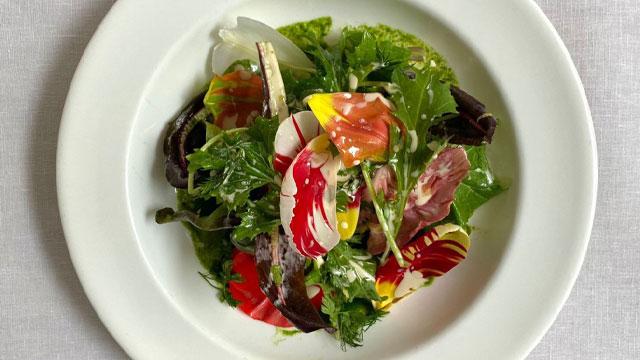 Spring Fern Verrow leaves with tulips and bechamel dressing. Image courtesy of Spring.