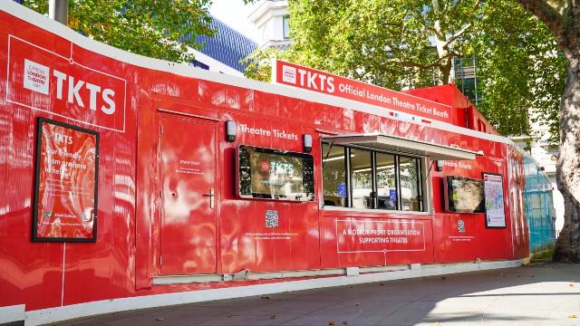 The red TKTS booth in Leicester Square Gardens.