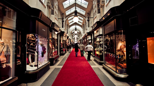 Looking down on shoppers interior of London shopping mall at