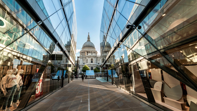 View of St Paul's Cathedral from One New Change. Photo: Antoine Buchet. Image courtesy of Antoine Buchet. View of St Paul's Cathedral from One New Change shopping centre in the City of London.